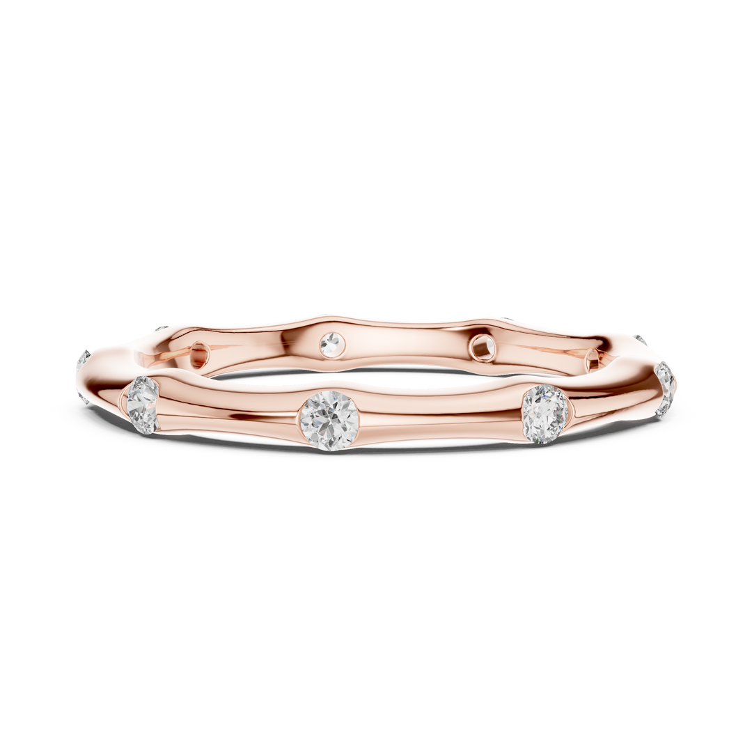 Minimalist Sculpted Bamboo Wedding Band Featuring Bezel Flush Set Diamonds - AJR1077