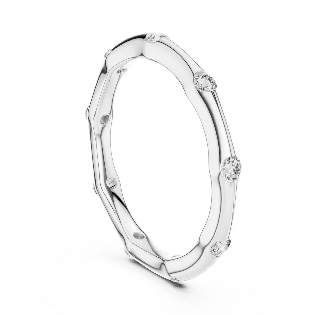 Minimalist Sculpted Bamboo Wedding Band Featuring Bezel Flush Set Diamonds - AJR1077