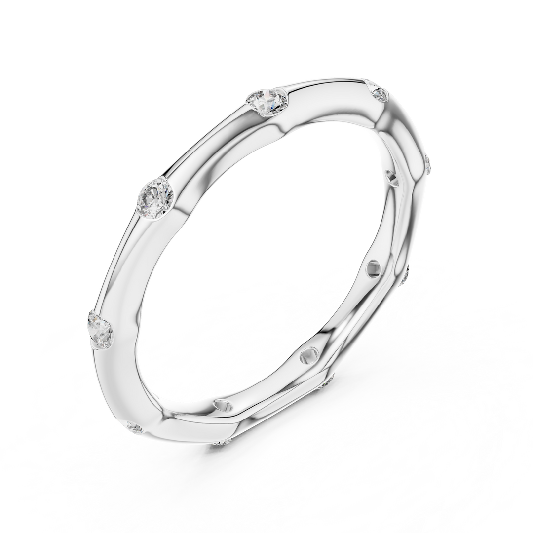 Minimalist Sculpted Bamboo Wedding Band Featuring Bezel Flush Set Diamonds - AJR1077