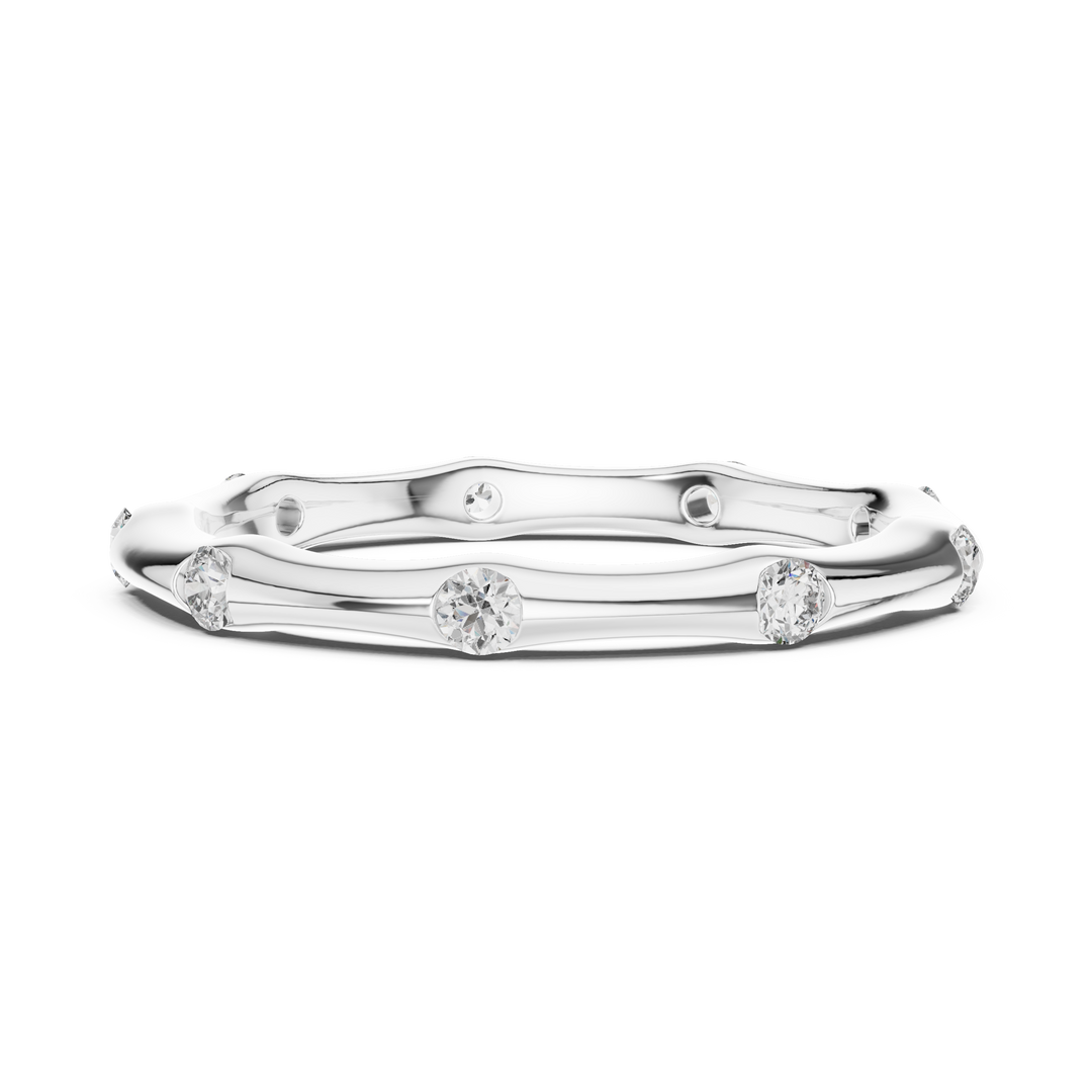 Minimalist Sculpted Bamboo Wedding Band Featuring Bezel Flush Set Diamonds - AJR1077