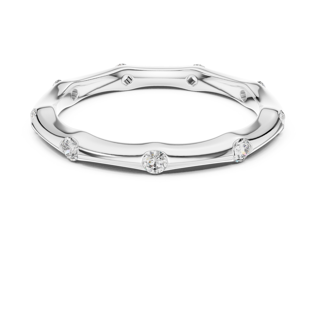 Minimalist Sculpted Bamboo Wedding Band Featuring Bezel Flush Set Diamonds - AJR1077