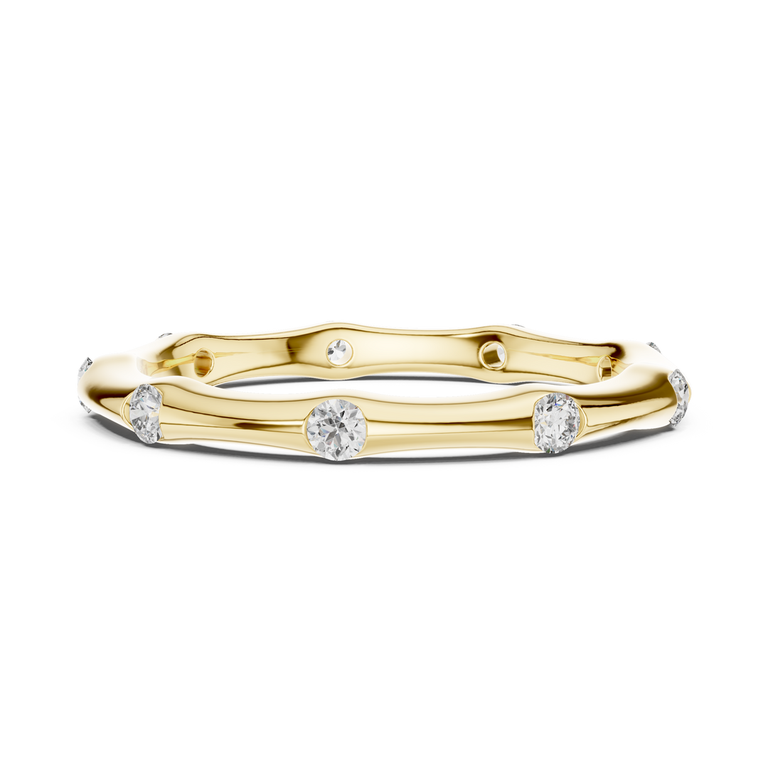 Minimalist Sculpted Bamboo Wedding Band Featuring Bezel Flush Set Diamonds - AJR1077