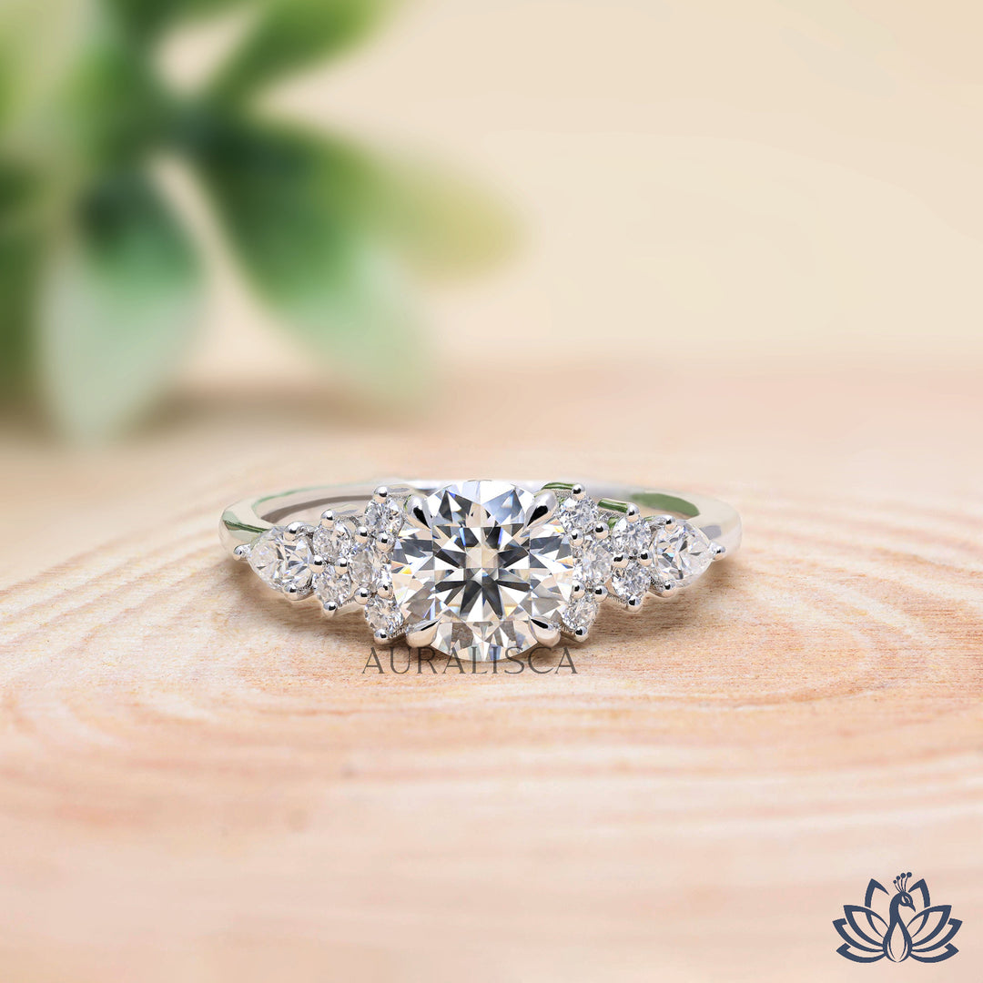 Round & Pear Accent Diamond Ring - Lab Grown