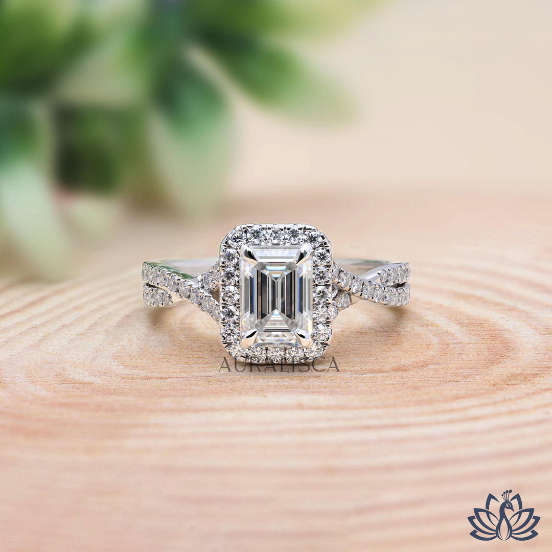 Emerald Halo Diamond Engagement Ring - Lab Grown