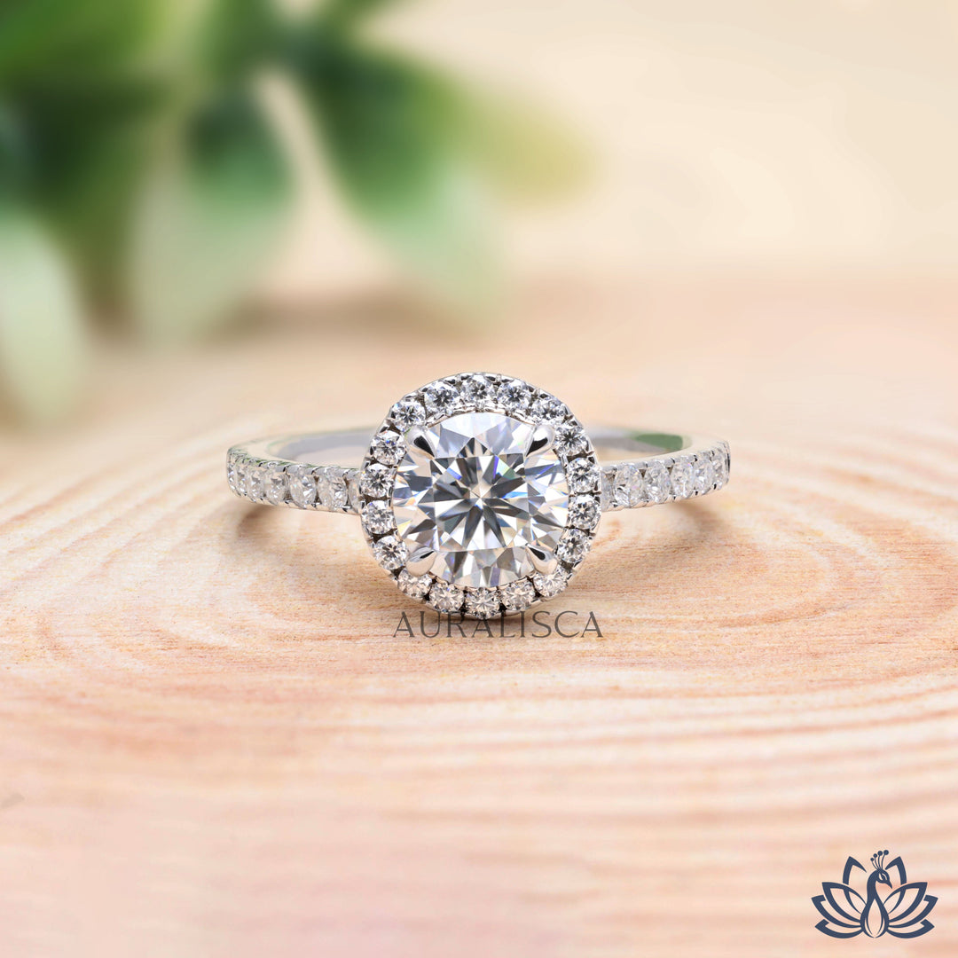 Round Halo Diamond Engagement Ring (Pavé Band) - Lab Grown
