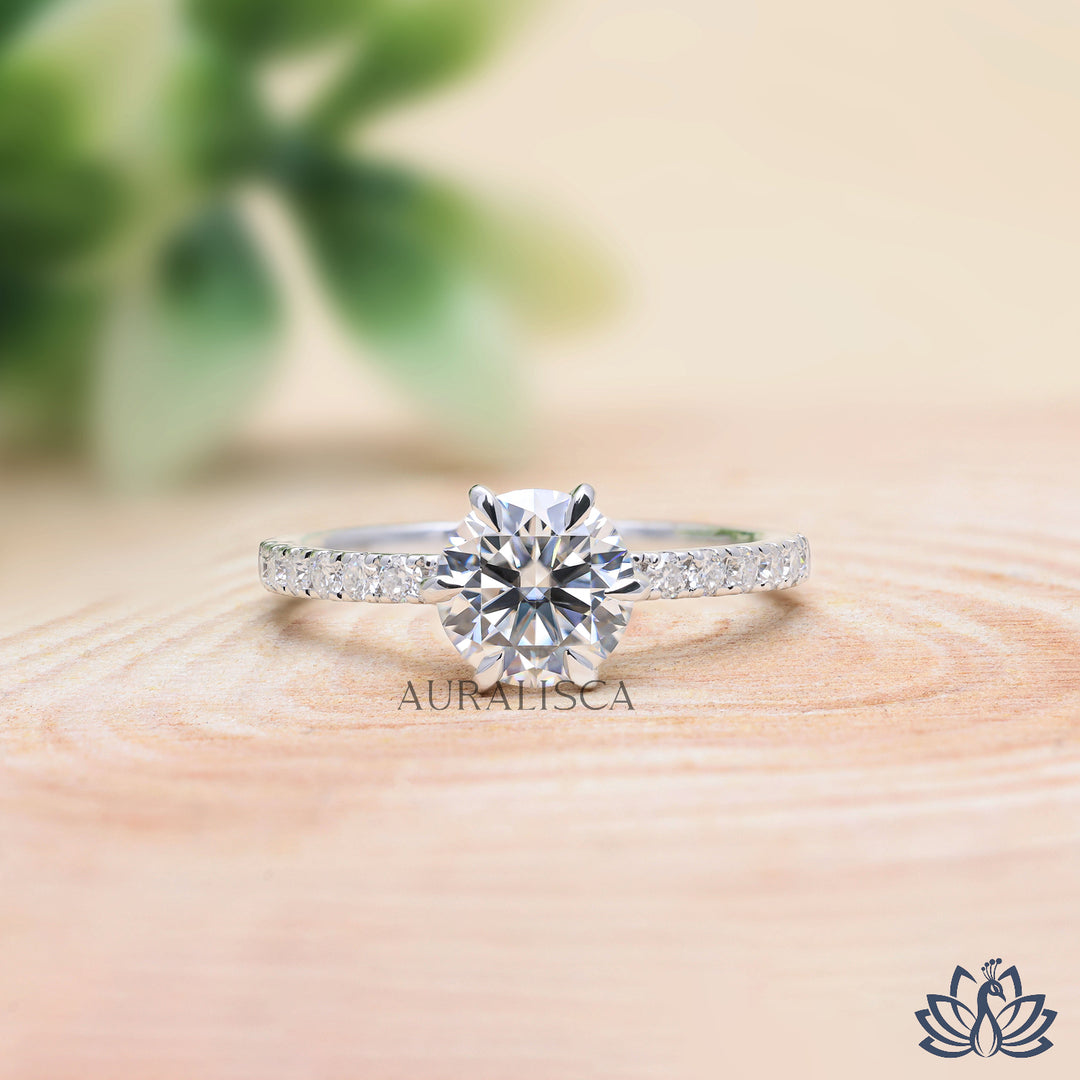 Round Solitaire Diamond Ring (Pavé Band) - Lab Grown