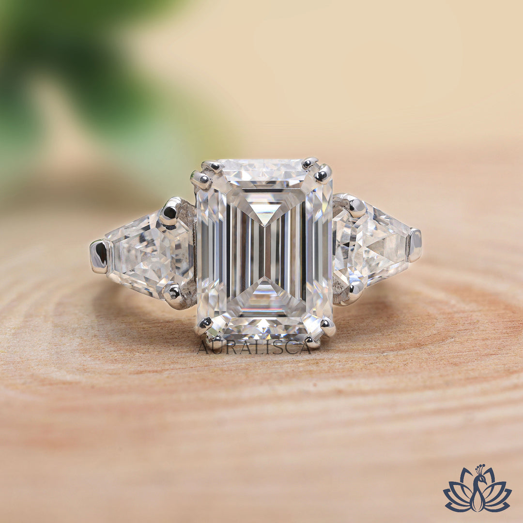 Emerald Three Stone Diamond Ring (Premium) - Moissanite Diamond