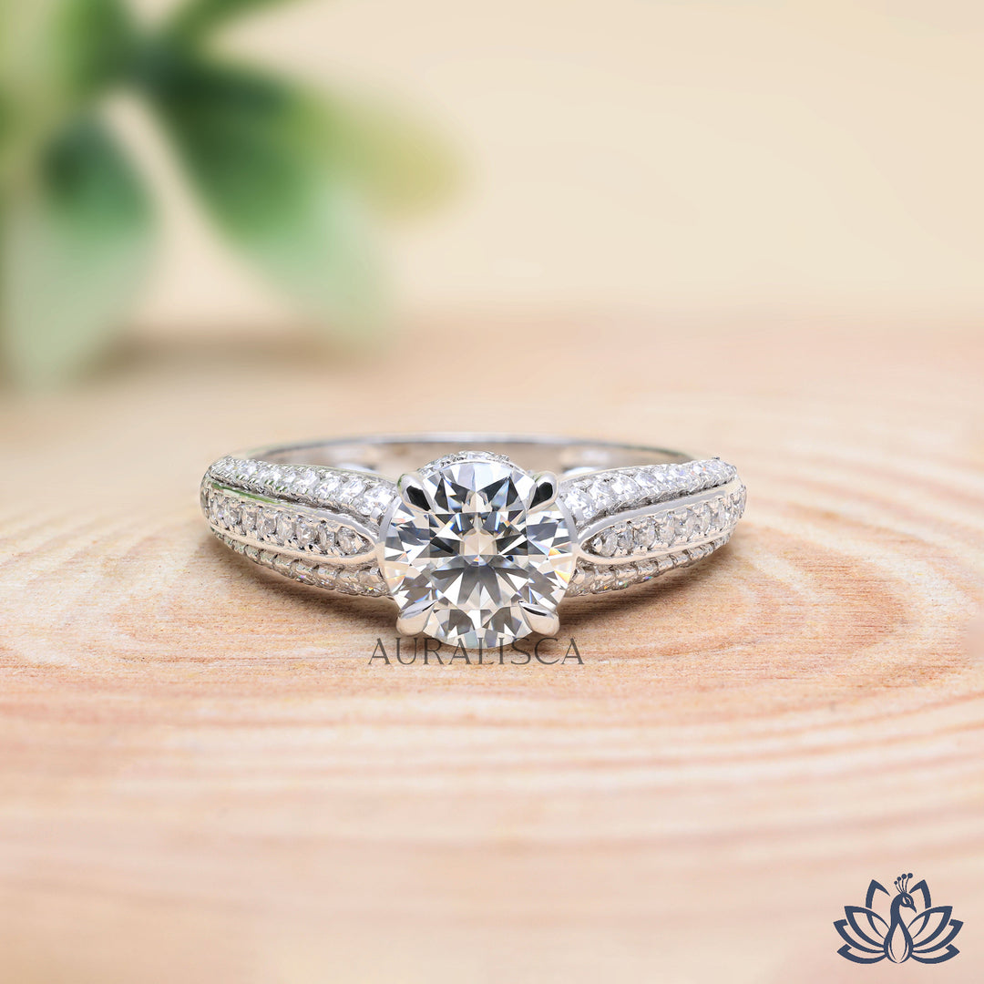 Round Solitaire Diamond Ring (Double Pavé Band) - Lab Grown
