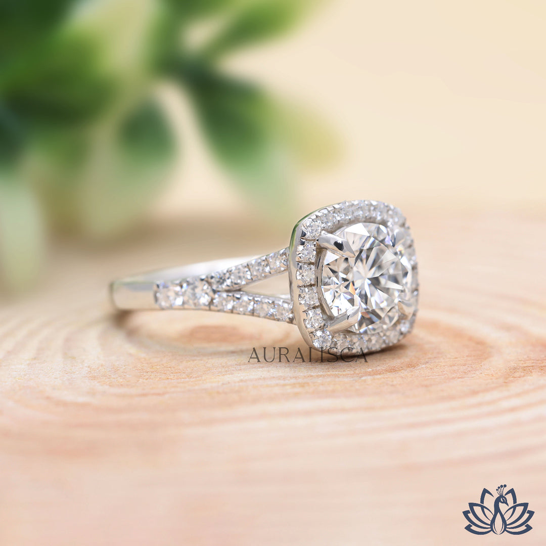 Round Halo Diamond Engagement Ring (Double Band) - Lab Grown