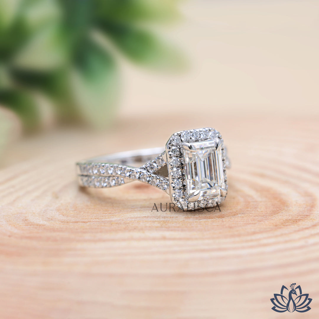 Emerald Halo Diamond Engagement Ring - Lab Grown