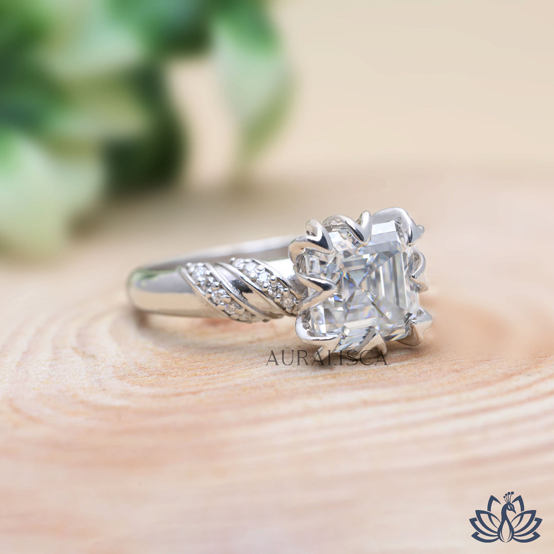 Asscher Designer Diamond Ring (Twist Band) - Lab Grown