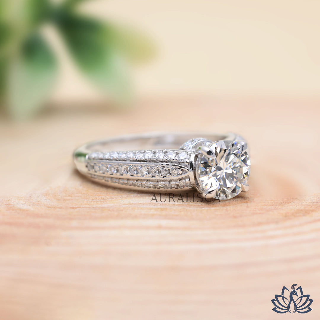 Round Solitaire Diamond Ring (Double Pavé Band) - Lab Grown