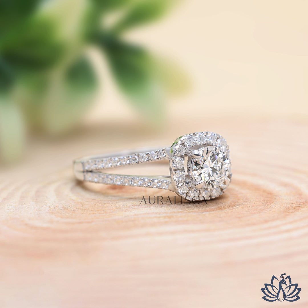 Round Halo Diamond Engagement Ring (Split Band) - Lab Grown