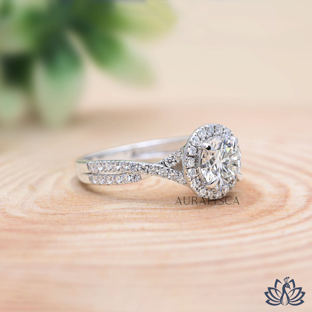 Round Halo Diamond Engagement Ring (Split Shank) - Lab Grown