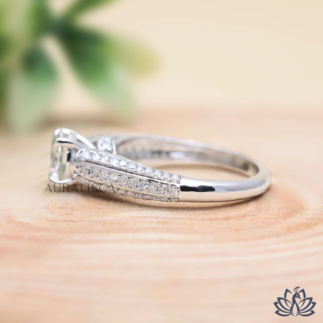 Round Solitaire Diamond Ring (Double Pavé Band) - Lab Grown