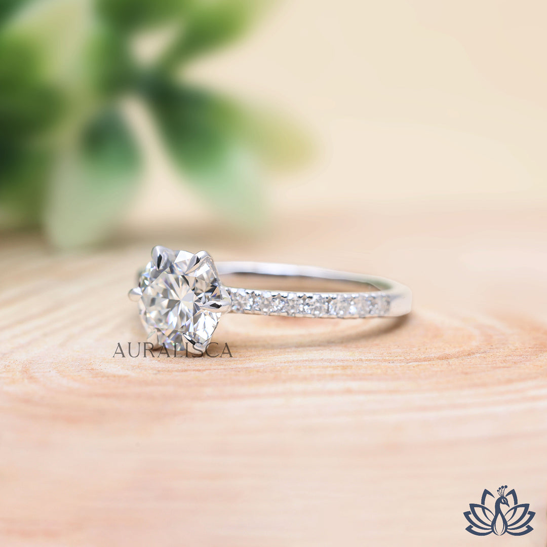 Round Solitaire Diamond Ring (Pavé Band) - Lab Grown