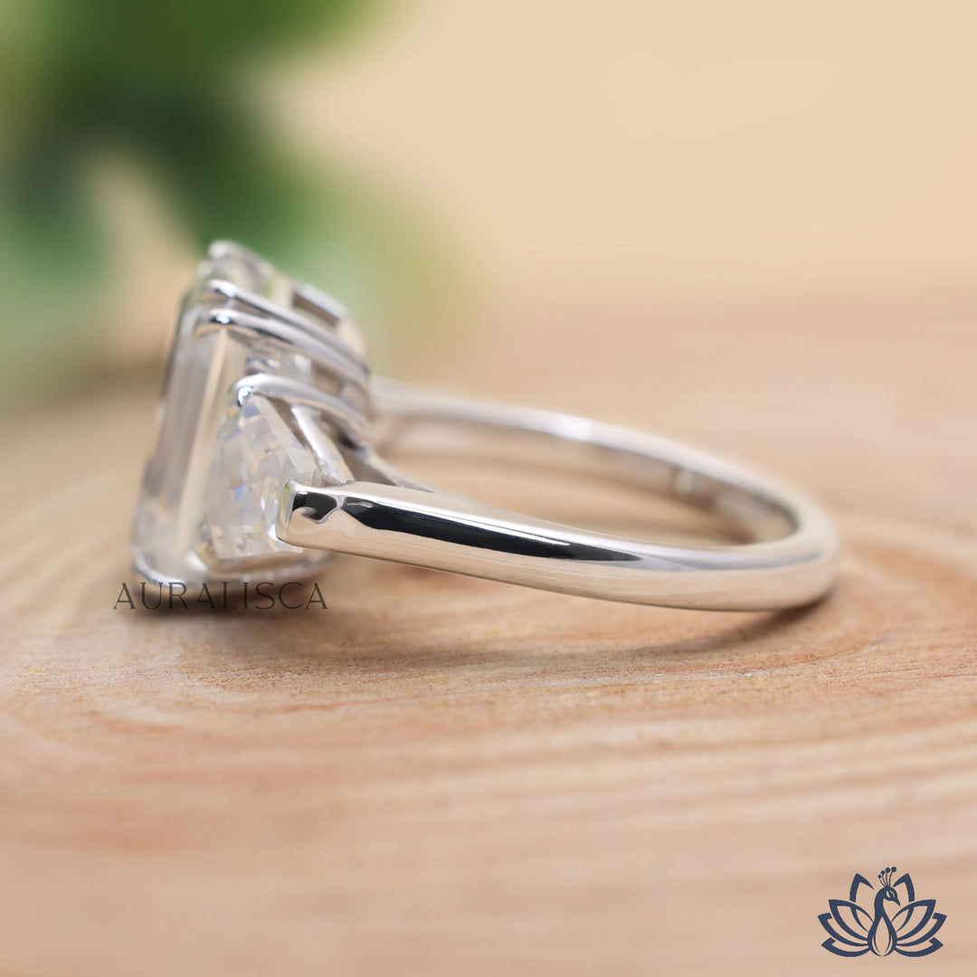 Emerald Three Stone Diamond Ring (Premium) - Moissanite Diamond