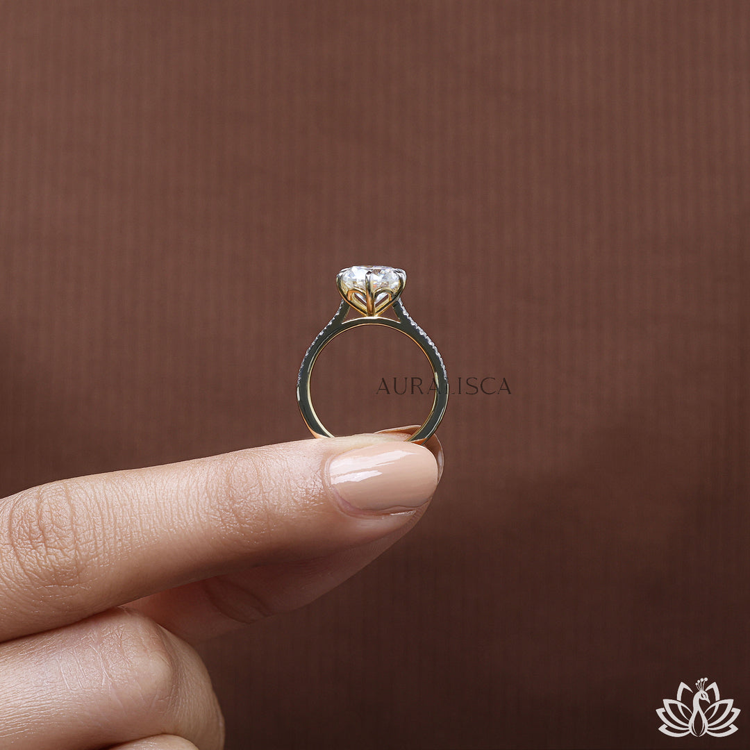Round Solitaire Diamond Ring (Pavé Band) - Lab Grown