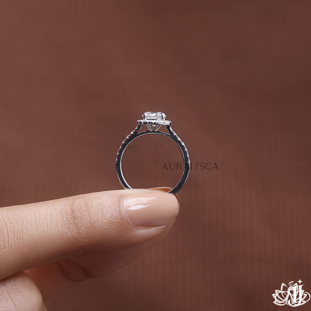 Round Halo Diamond Engagement Ring (Pavé Band) - Lab Grown