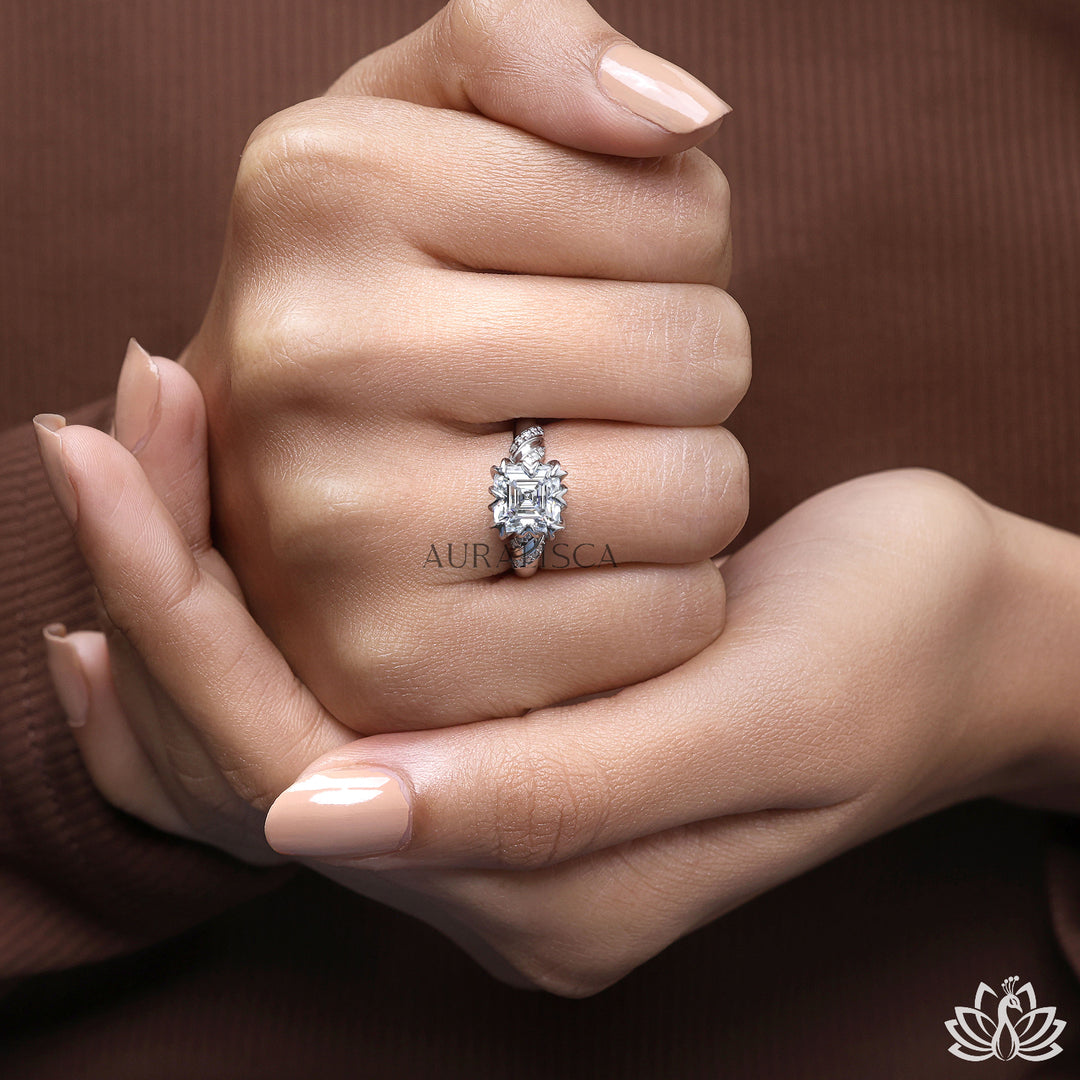 Asscher Designer Diamond Ring (Twist Band) - Lab Grown
