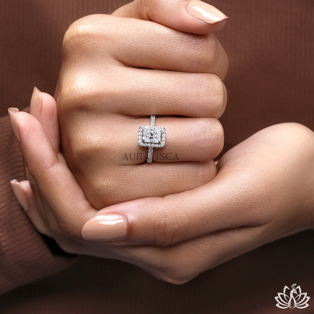 Radiant Halo Diamond Engagement Ring (Double Band) - Lab Grown
