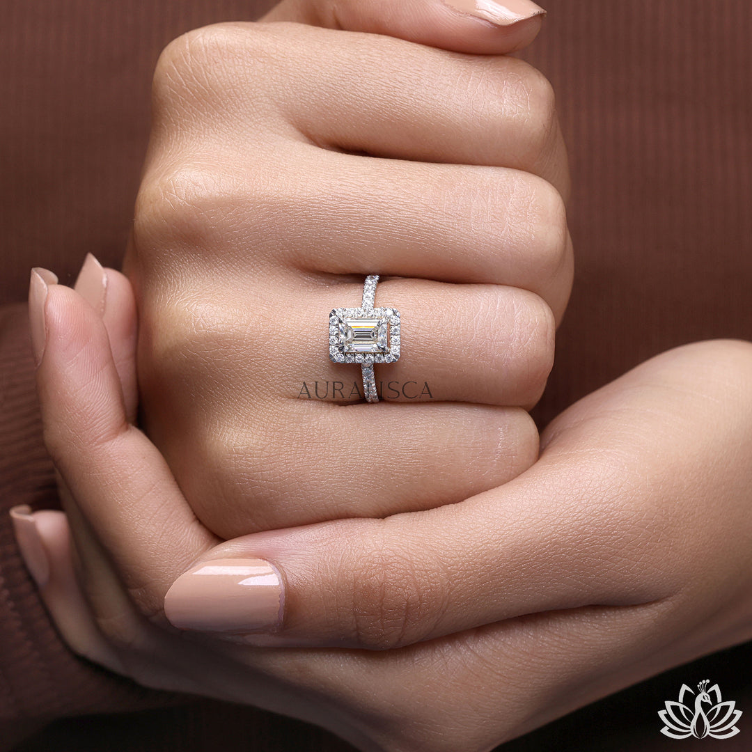 Emerald Halo Diamond Ring - Lab Grown