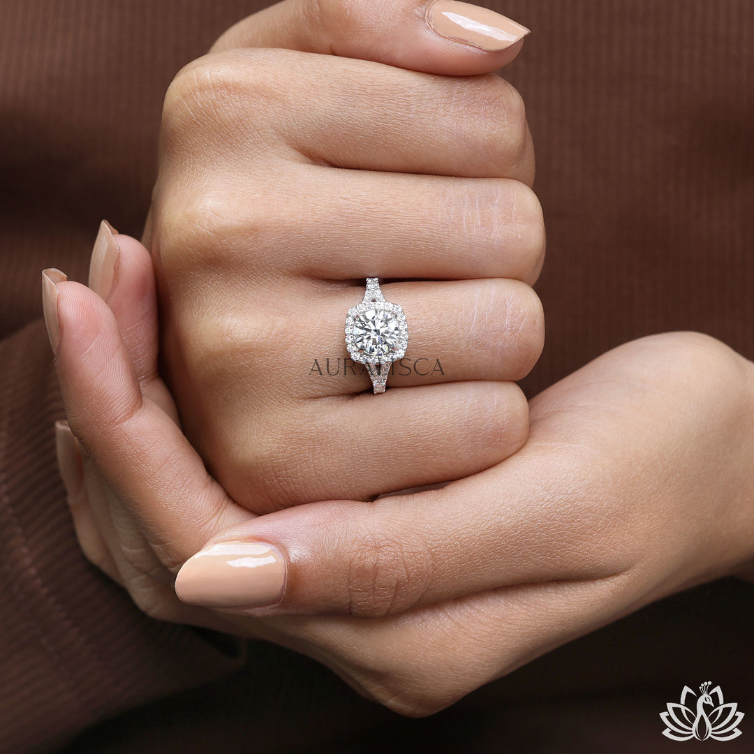Round Halo Diamond Engagement Ring (Double Band) - Lab Grown