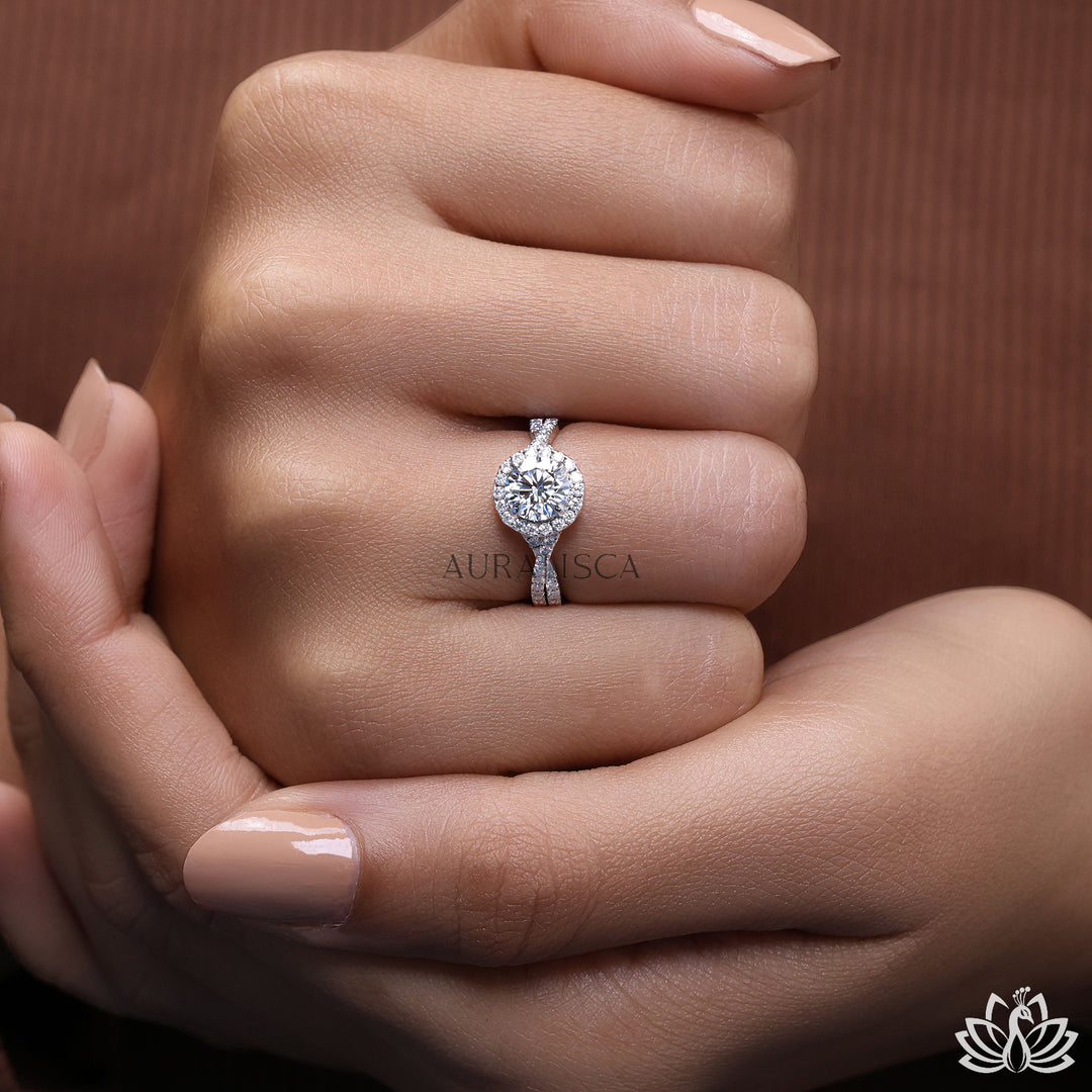 Round Halo Diamond Engagement Ring (Split Shank) - Lab Grown
