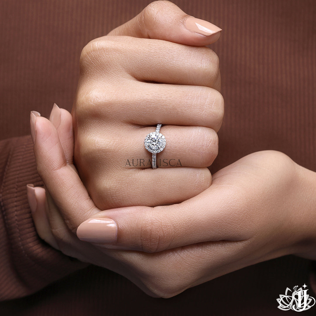 Round Halo Diamond Engagement Ring (Pavé Band) - Lab Grown