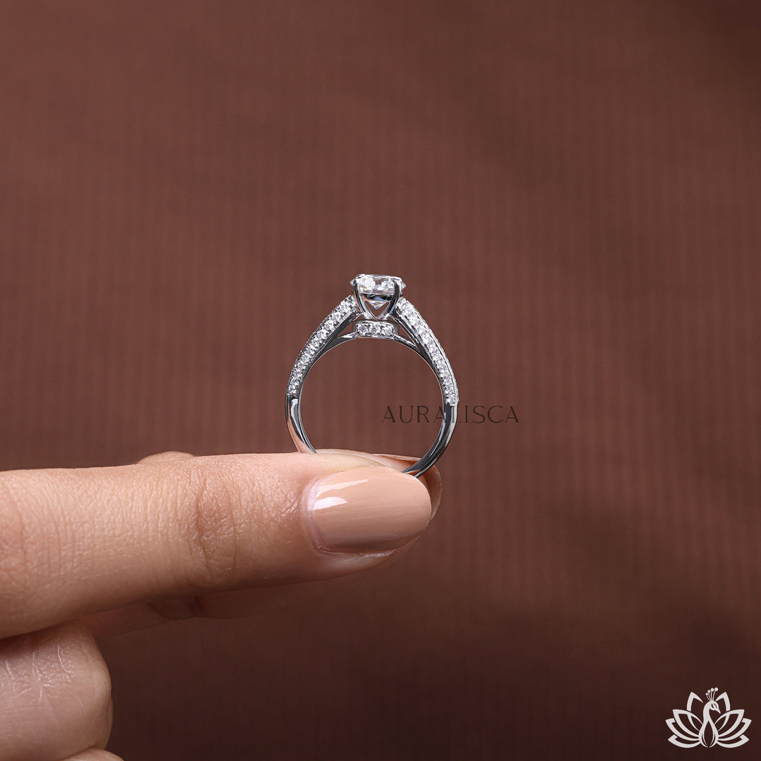 Round Solitaire Diamond Ring (Double Pavé Band) - Lab Grown