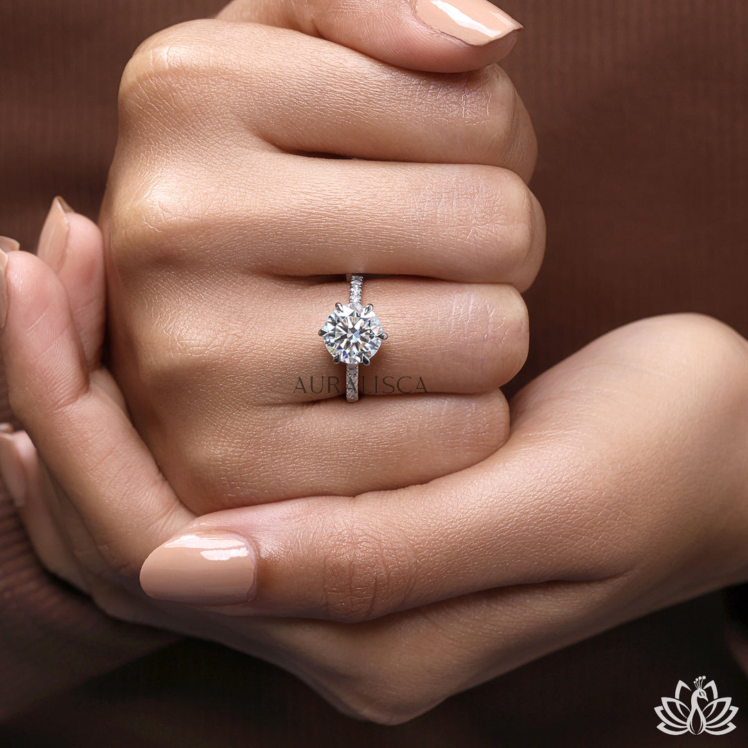 Round Solitaire Diamond Ring (Pavé Band) - Lab Grown