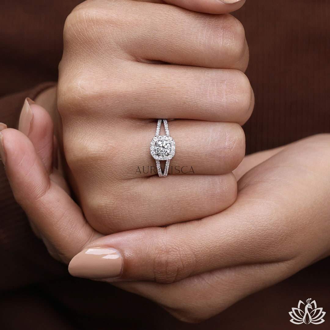 Round Halo Diamond Engagement Ring (Split Band) - Lab Grown