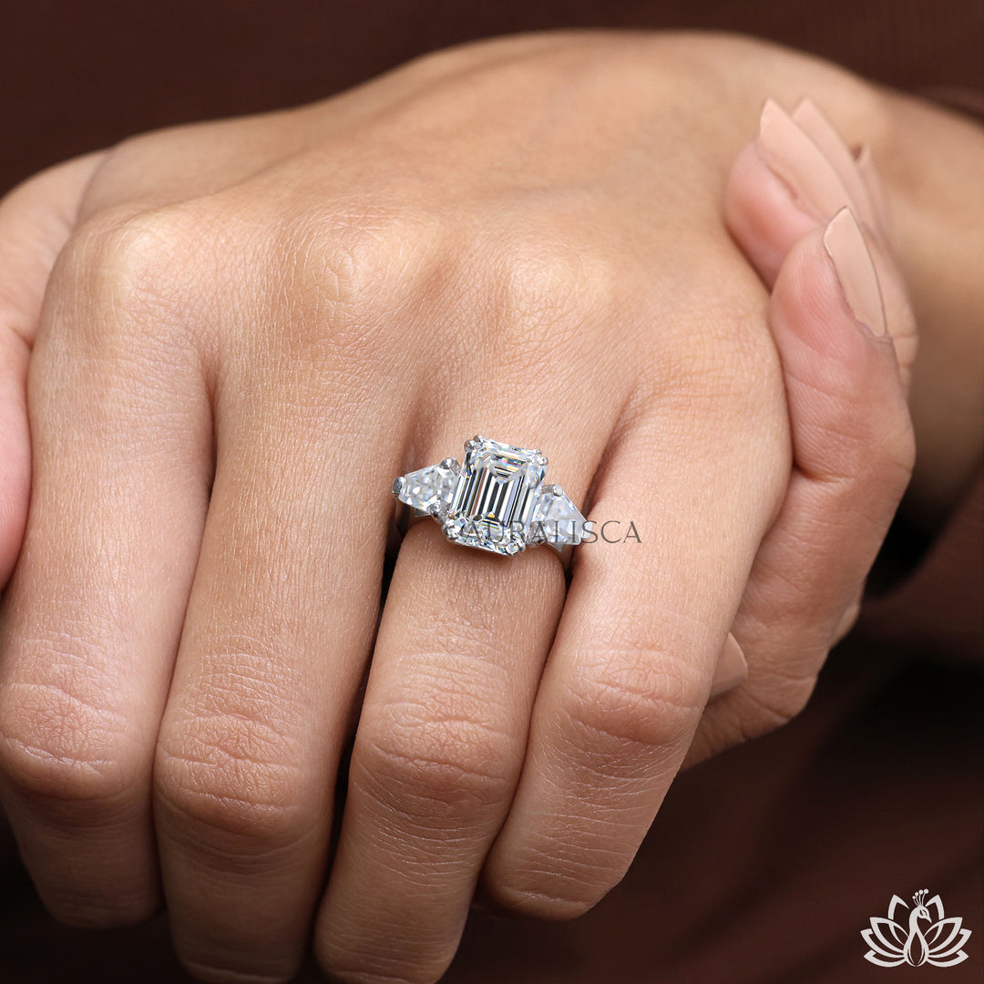 Emerald Three Stone Diamond Ring (Premium) - Moissanite Diamond