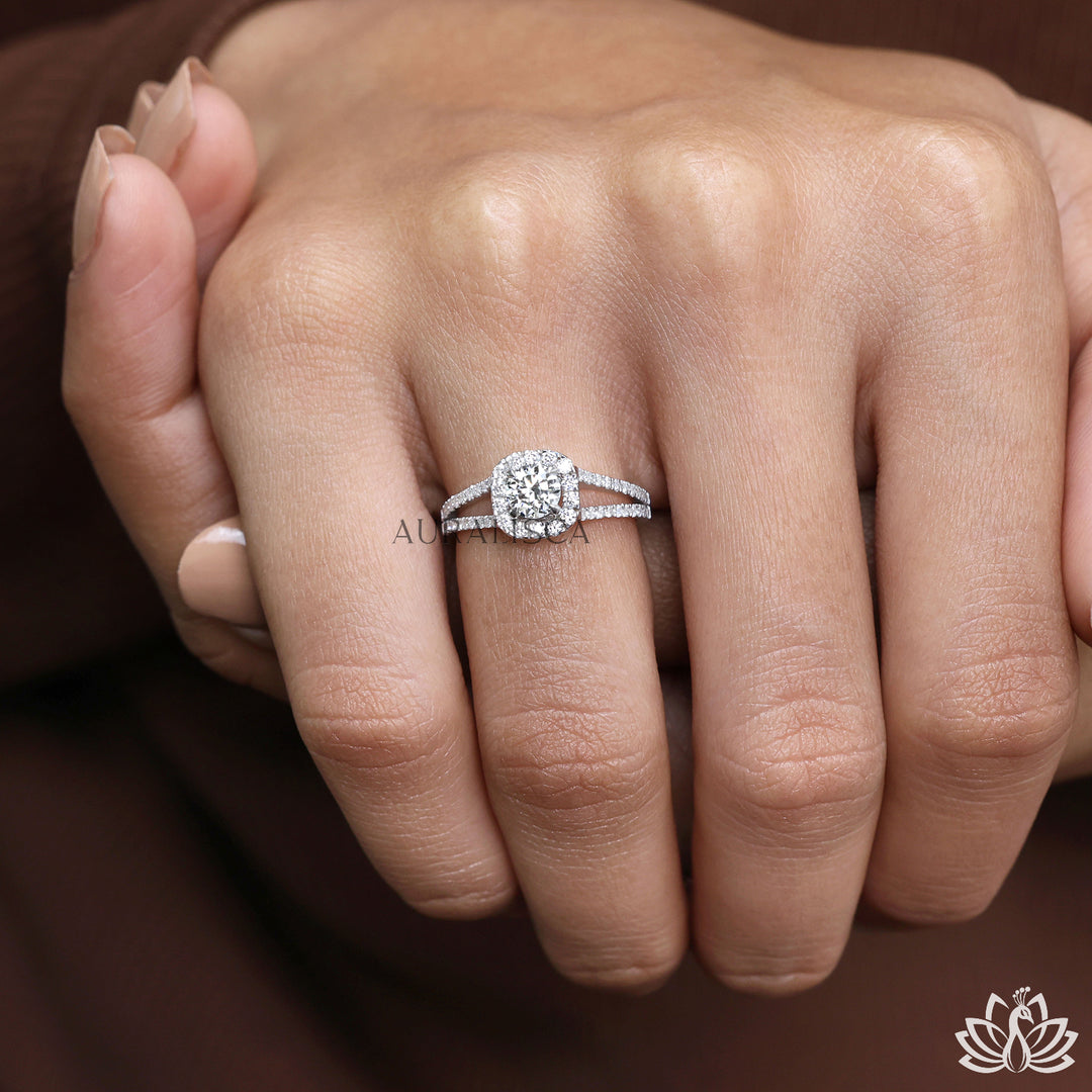 Round Halo Diamond Engagement Ring (Split Band) - Lab Grown