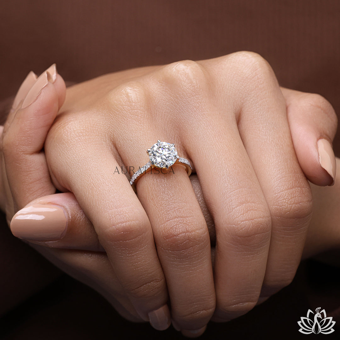 Round Solitaire Diamond Ring (Pavé Band) - Lab Grown