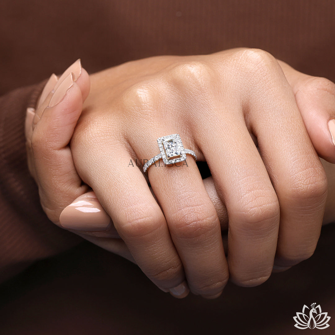 Radiant Halo Diamond Engagement Ring (Double Band) - Lab Grown