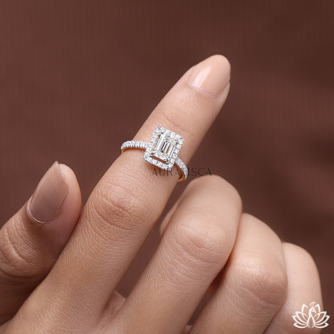 Emerald Halo Diamond Ring - Lab Grown