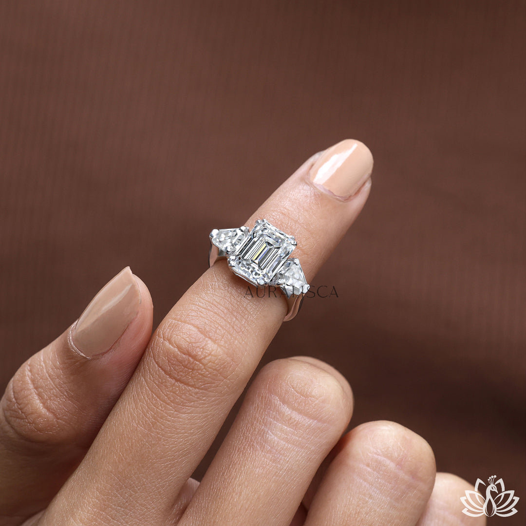 Emerald Three Stone Diamond Ring (Premium) - Moissanite Diamond