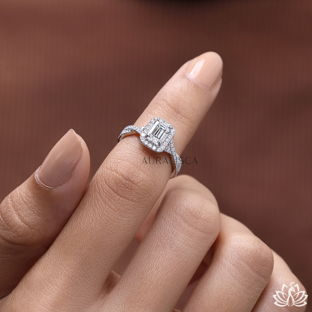 Emerald Halo Diamond Engagement Ring - Lab Grown