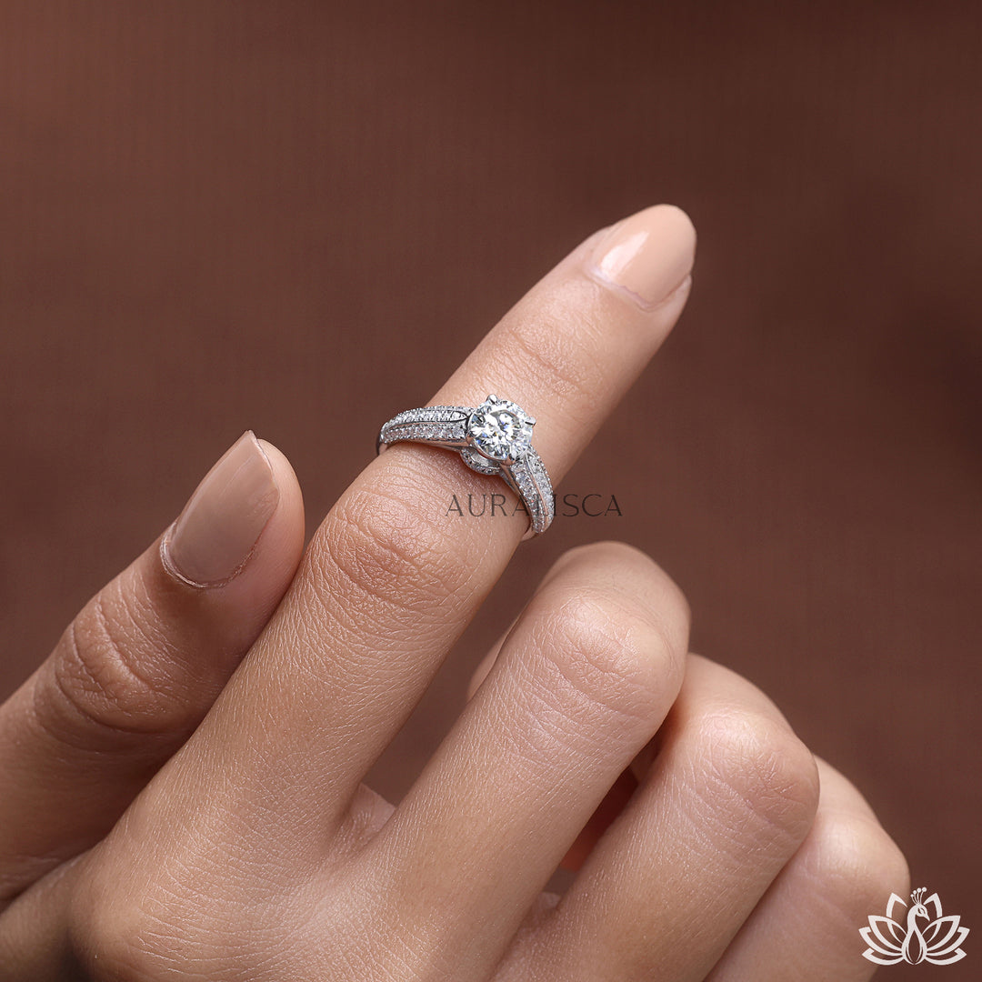 Round Solitaire Diamond Ring (Double Pavé Band) - Lab Grown